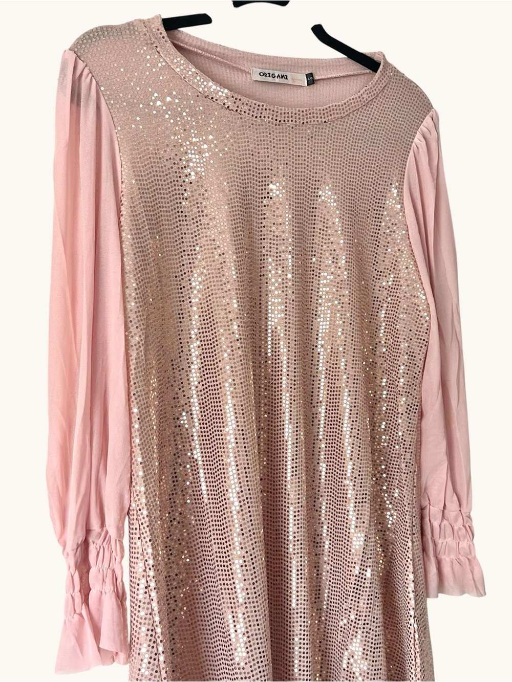Origami Sequin Blush Pink Mini Dress with Sheer Sleeves - Picture 8 of 9